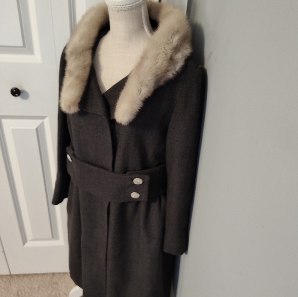 🌹Vintage 70's Unbranded Real Fur Herringbone Tweed Wool Button Front Overcoat M - Picture 7 of 16